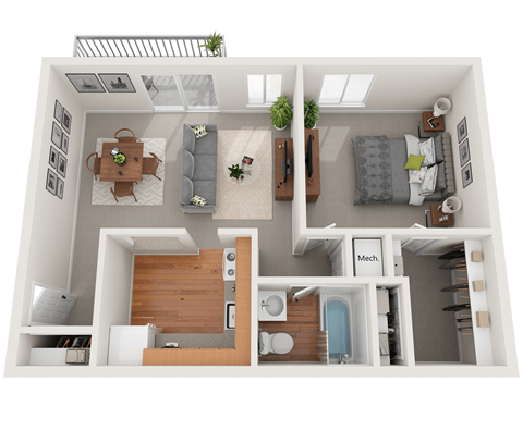 Floor plan for 1 bed, 1 bath, 606 sqft